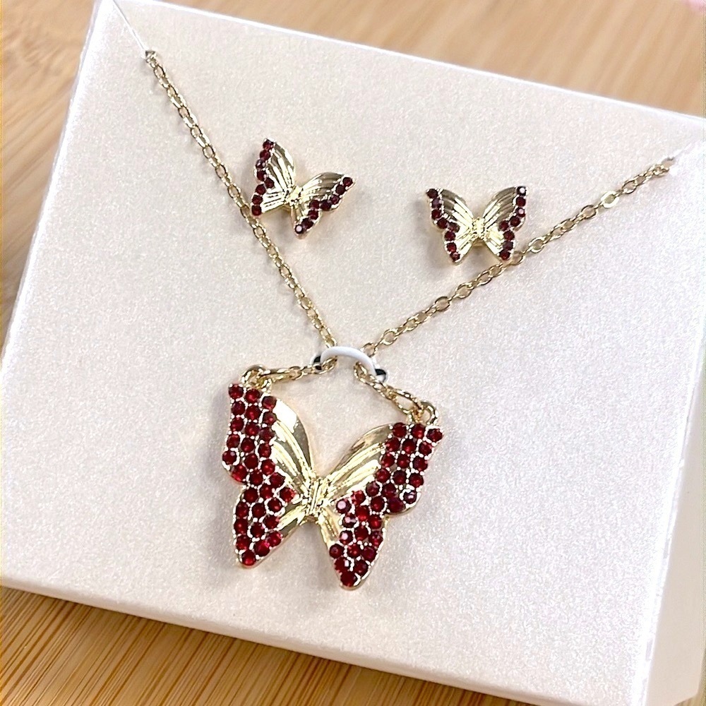 Brand New Butterfly Necklace & Post Earring Set Gold Tone Red Crystal Rhinestone